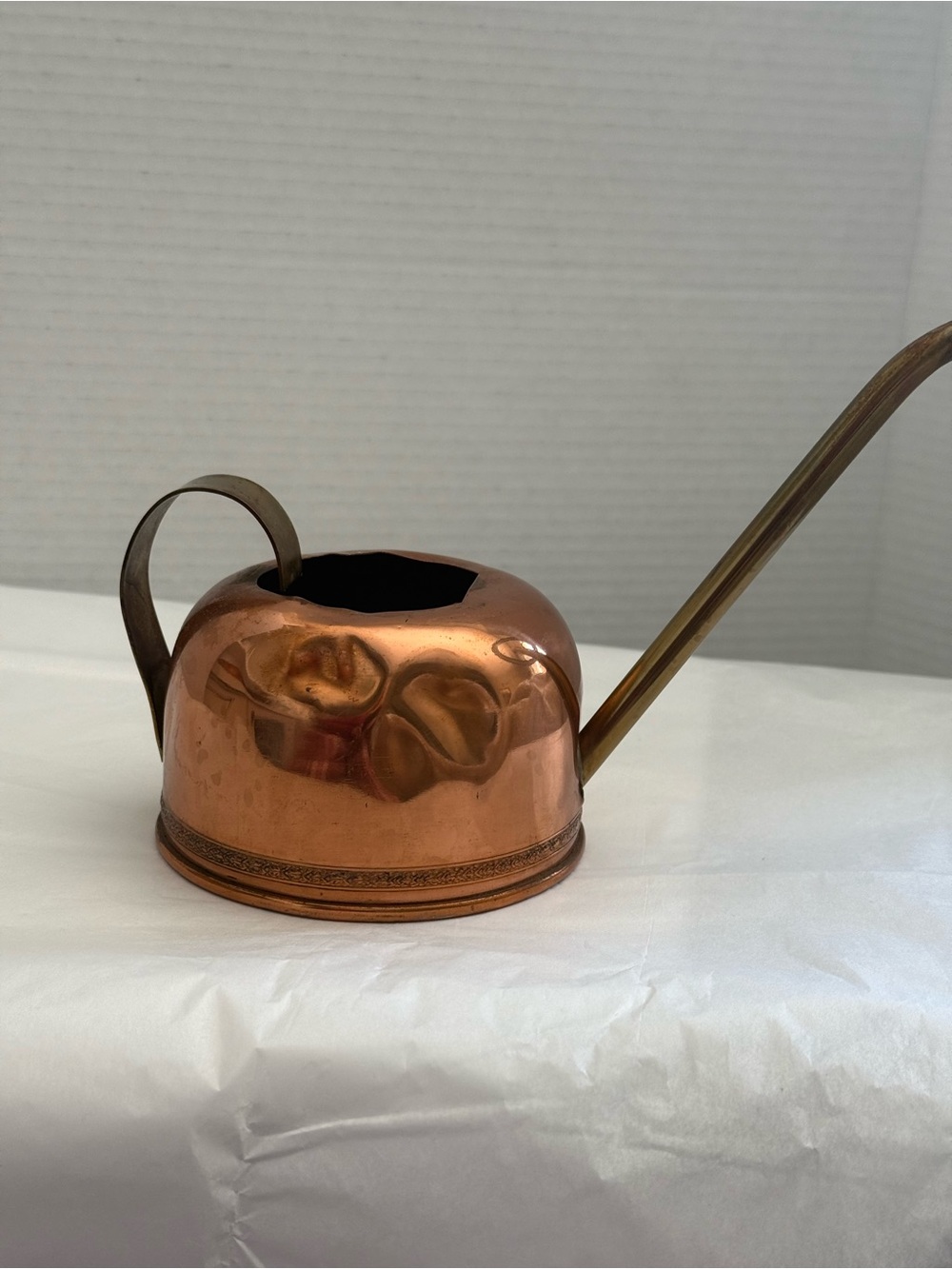 VTG Copper Watering Can w/Long Brass Spout Etched Detail Surrounding Base